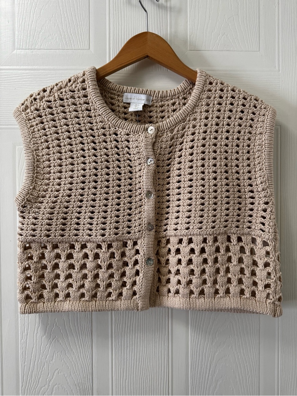 Crochet Knit Button-Front Sleeveless Sweater Vest - Beige